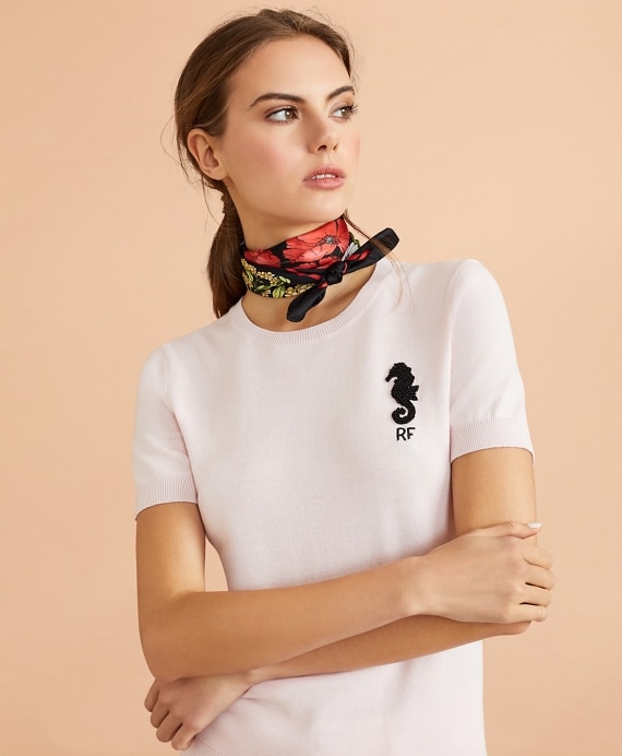 Beaded Seahorse Short-Sleeve Cotton Sweater - Brooks Brothers Outlet