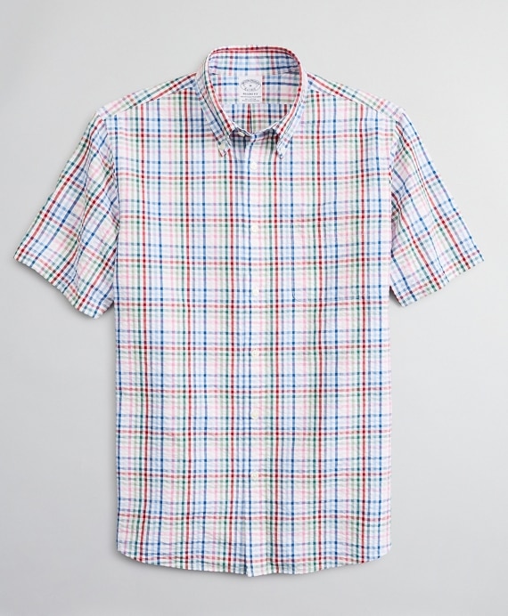 Regent Fitted Sport Shirt, Seersucker Short-Sleeve Multi-Check - Brooks Brothers Outlet