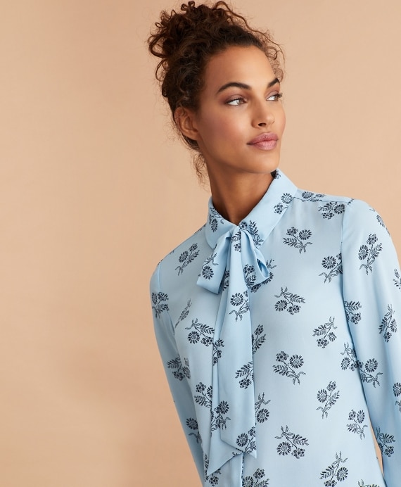 Floral-Print Bow-Neck Crepe Shirt - Brooks Brothers Outlet
