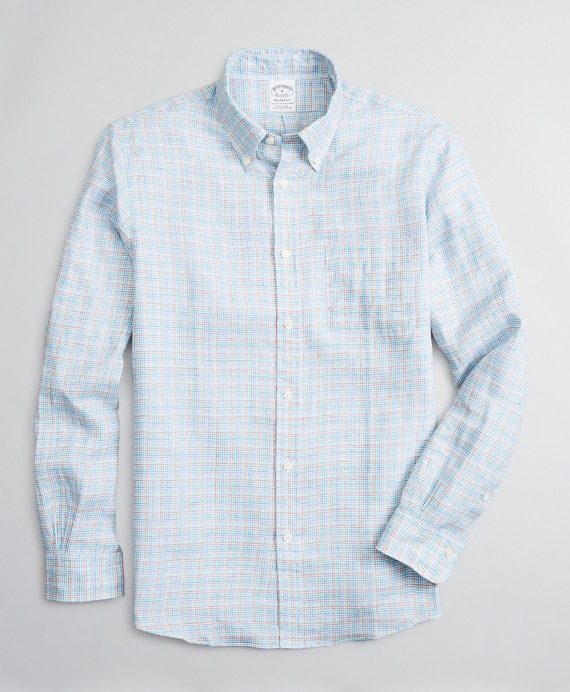 Regent Fitted Sport Shirt, Irish Linen Mini-Check - Brooks Brothers Outlet
