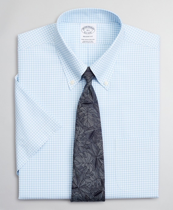 Stretch Regent Fitted Dress Shirt, Non-Iron Poplin Short-Sleeve Gingham - Brooks Brothers Outlet