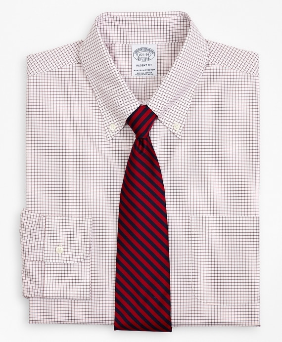 Stretch Regent Fitted Dress Shirt, Non-Iron Poplin Button-Down Collar Small Grid Check - Brooks Brothers Outlet
