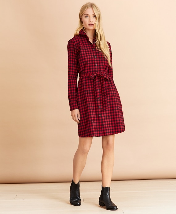 Logo-Print Plaid Flannel Shirt Dress - Brooks Brothers Outlet