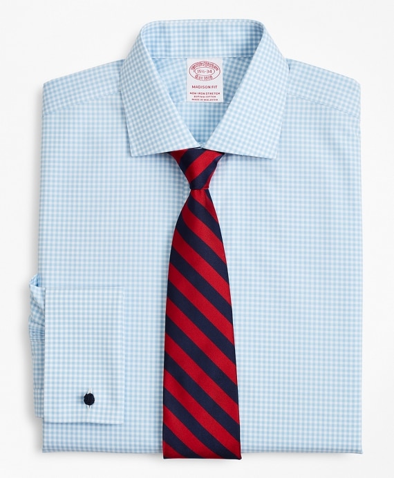 Stretch Madison Classic-Fit Dress Shirt, Non-Iron Poplin English Collar French Cuff Gingham - Brooks Brothers Outlet