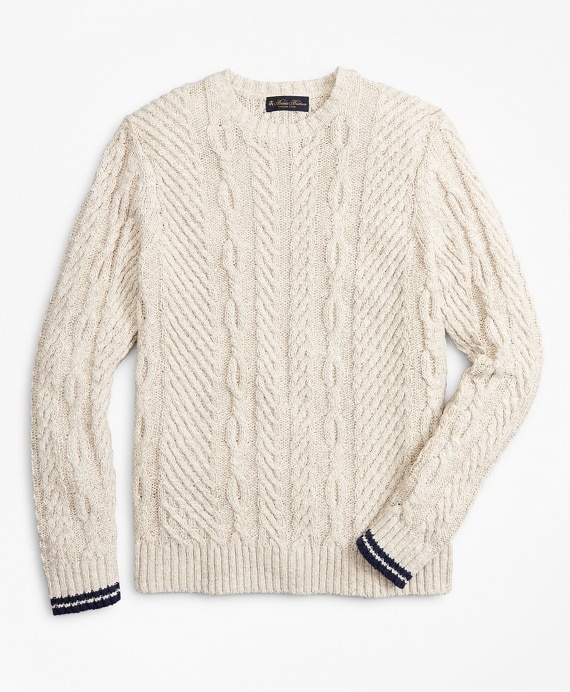 Cotton and Linen Cable Crewneck Sweater - Brooks Brothers Outlet