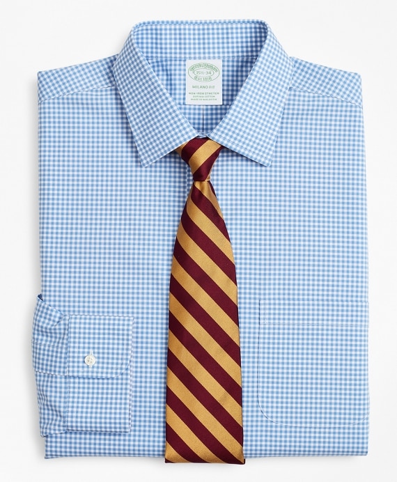 Stretch Milano Slim-Fit Dress Shirt, Non-Iron Poplin Ainsley Collar Gingham - Brooks Brothers Outlet