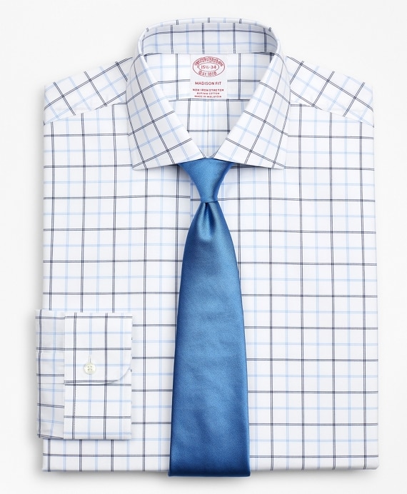Stretch Madison Classic-Fit Dress Shirt, Non-Iron Poplin English Collar Double-Grid Check - Brooks Brothers Outlet