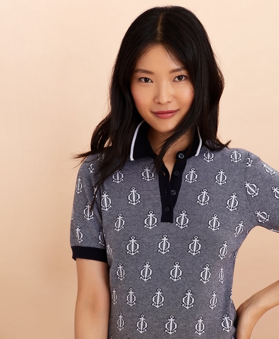 Anchor-Pattern Bird's-Eye-Knit Cotton Polo Sweater - Brooks Brothers Outlet