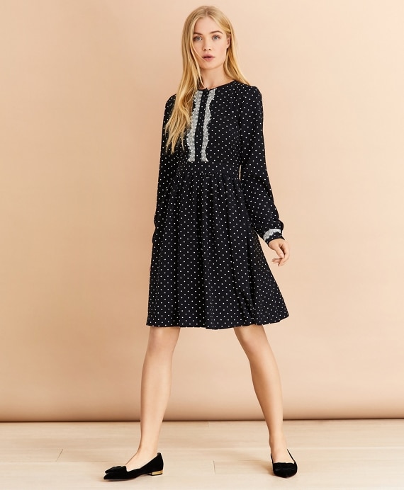 Lace-Trimmed Polka-Dot Satin Dress - Brooks Brothers Outlet