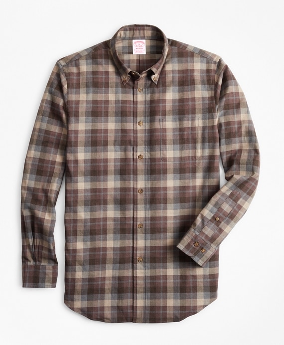 Madison Fit Tan Plaid Brushed Flannel Sport Shirt - Brooks Brothers Outlet