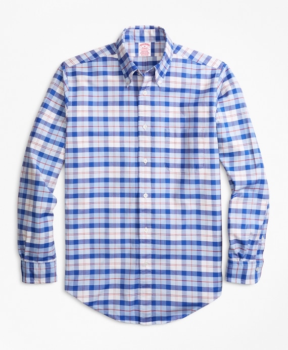 Madison Fit Oxford Blue and Red Plaid Sport Shirt - Brooks Brothers Outlet
