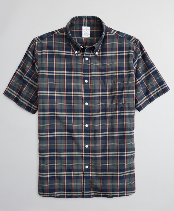 Regent Fitted Sport Shirt, Olive Madras Short-Sleeve - Brooks Brothers Outlet