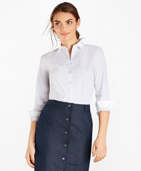 Petite Non-Iron Striped Supima&reg; Cotton Stretch Poplin Fitted Shirt - Brooks Brothers Factory Outlet