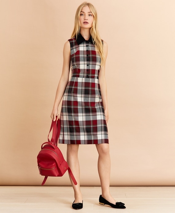 Velvet-Trimmed Plaid Wool-Blend Shirt Dress - Brooks Brothers Outlet