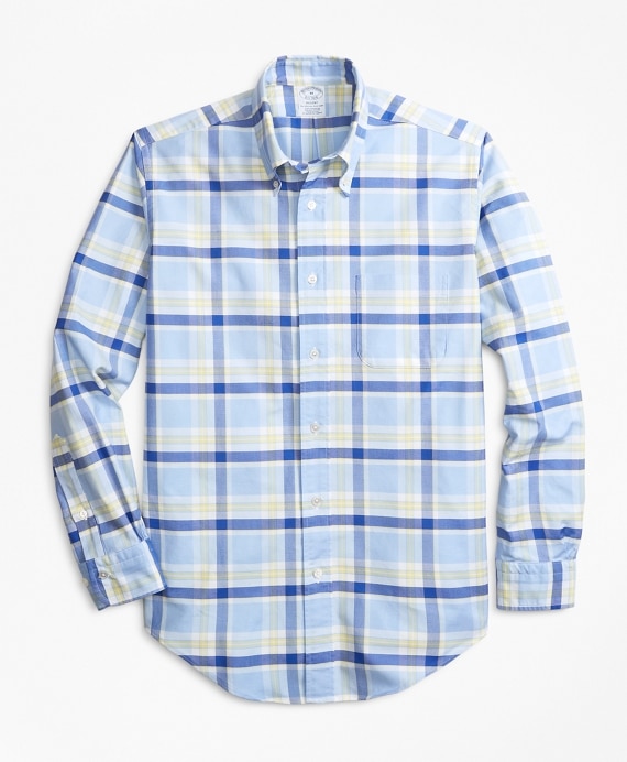 Regent Fit Oxford Blue and Yellow Plaid Sport Shirt - Brooks Brothers Outlet