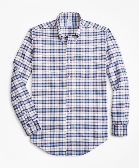 Regent Fit Oxford Blue and Red Plaid Sport Shirt - Brooks Brothers Outlet