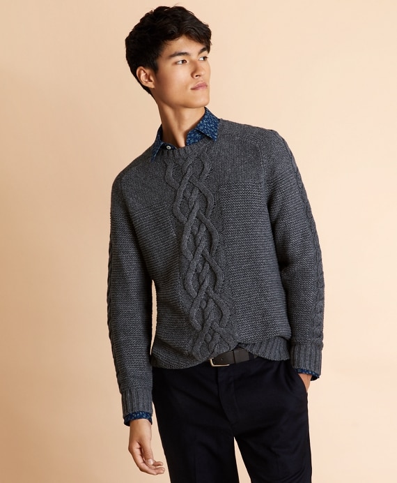 Textured Cable-Knit Crewneck Sweater - Brooks Brothers Outlet