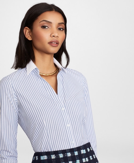 Non-Iron Striped Supima&reg; Cotton Poplin Contrast-Collar Fitted Shirt - Brooks Brothers Outlet