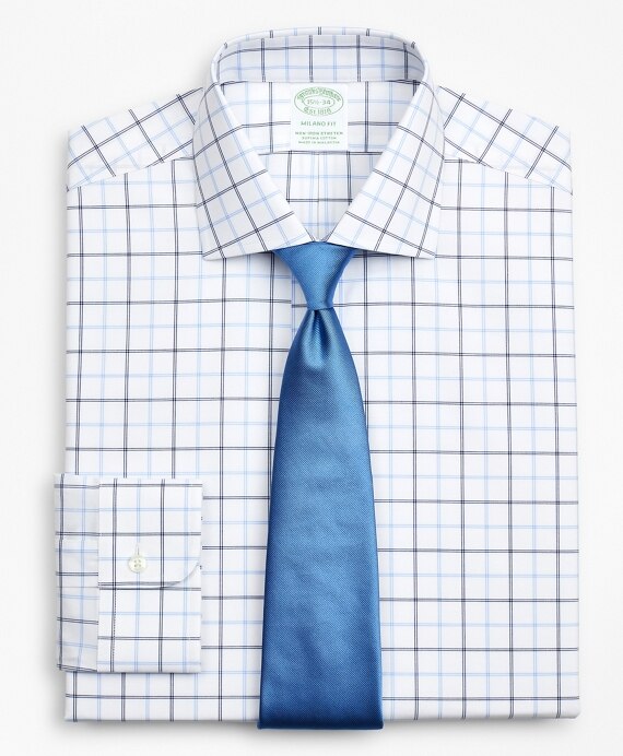 Stretch Milano Slim-Fit Dress Shirt, Non-Iron Poplin English Collar Double-Grid Check - Brooks Brothers Outlet