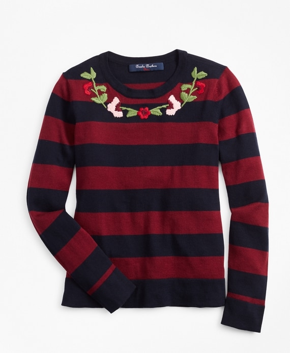 Girls Cotton Rugby Stripe Embroidered Sweater - Brooks Brothers Factory Outlet
