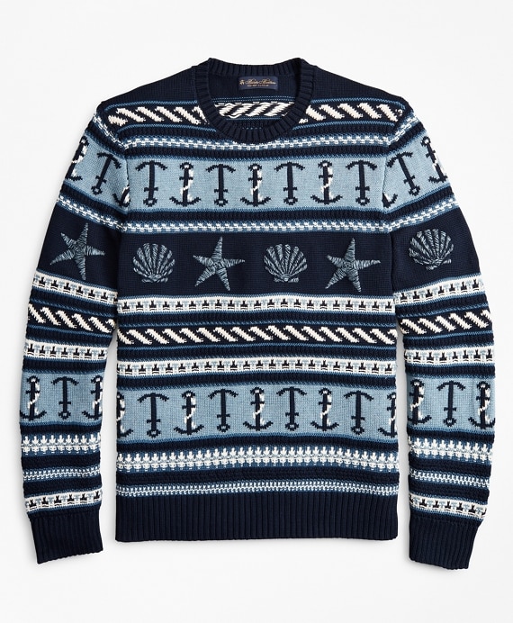 Supima&reg; Cotton Nautical Motif Fair Isle Crewneck Sweater - Brooks Brothers Outlet