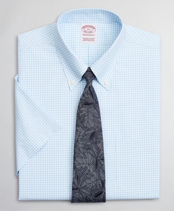 Stretch Madison Classic-Fit Dress Shirt, Non-Iron Poplin Short-Sleeve Gingham - Brooks Brothers Outlet