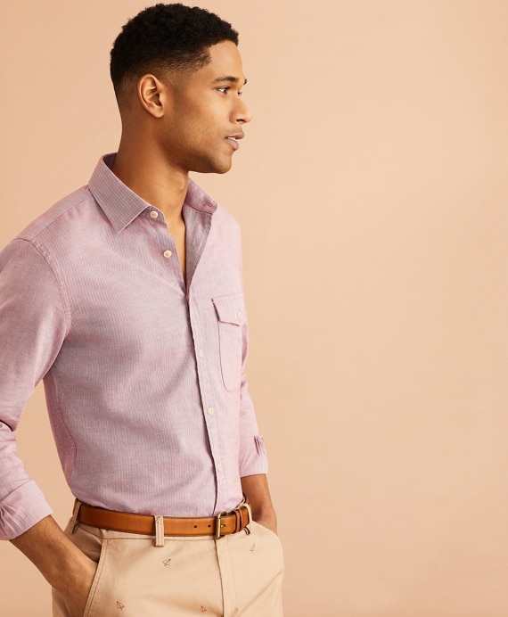 Brushed Herringbone Striped Cotton Shirt - Brooks Brothers Outlet