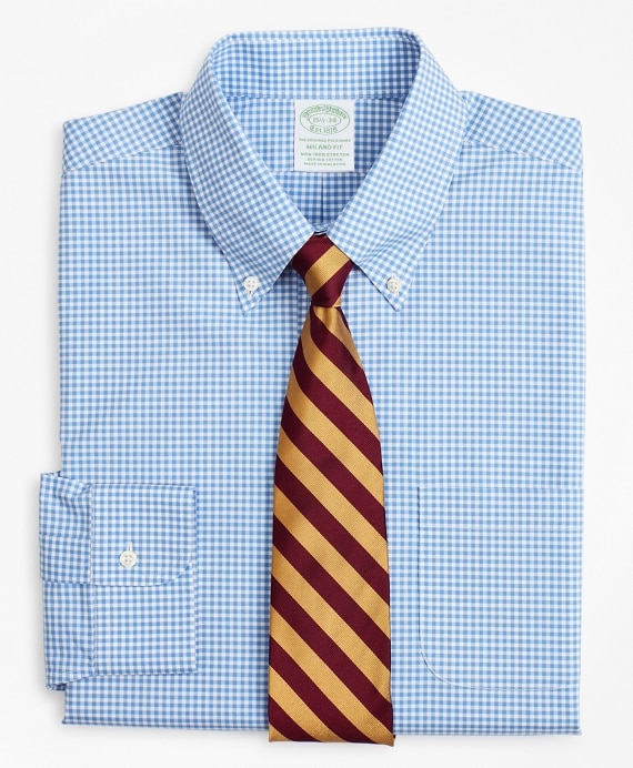 Stretch Milano Slim-Fit Dress Shirt, Non-Iron Poplin Button-Down Collar Gingham - Brooks Brothers Outlet
