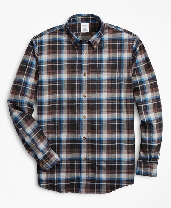 Regent Fit Grey Plaid Brushed Flannel Sport Shirt - Brooks Brothers Outlet