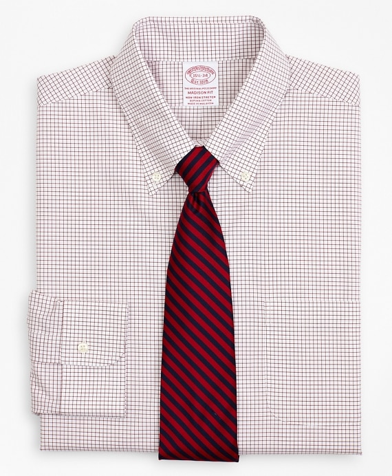 Stretch Madison Classic-Fit Dress Shirt, Non-Iron Poplin Button-Down Collar Small Grid Check - Brooks Brothers Outlet