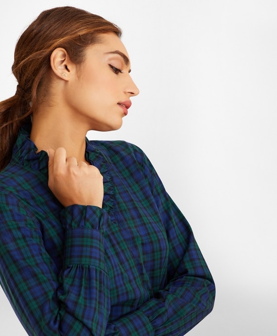 Petite Non-Iron Black Watch Tartan Supima&reg; Cotton-Blend Ruffle-Collar Blouse - Brooks Brothers Outlet