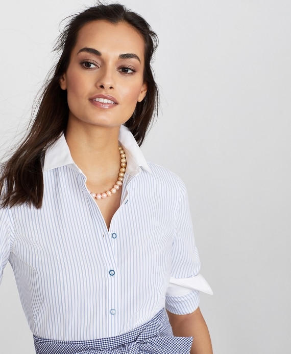 Petite Non-Iron Striped Supima&reg; Cotton Dobby Contrast-Collar Fitted Shirt - Brooks Brothers Outlet