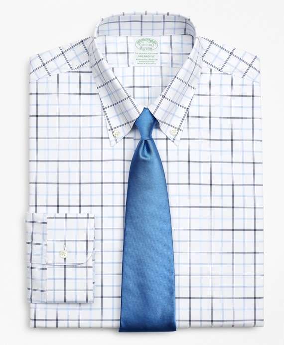 Stretch Milano Slim-Fit Dress Shirt, Non-Iron Poplin Button-Down Collar Double-Grid Check - Brooks Brothers Outlet