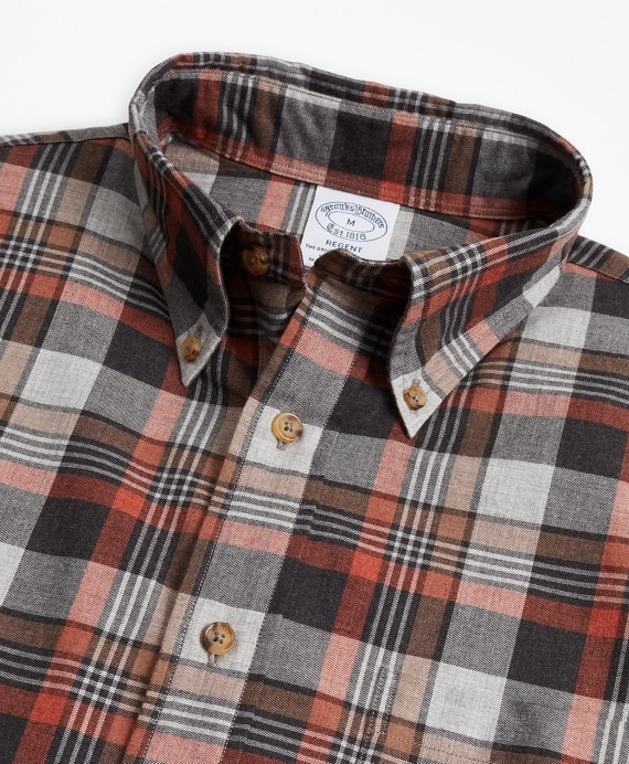 Regent Fit Grey Plaid Brushed Flannel Sport Shirt - Brooks Brothers Outlet