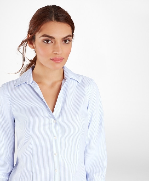 Non-Iron Tailored-Fit Striped Three-Quarter-Sleeve Supima&reg; Cotton Stretch Shirt - Brooks Brothers Outlet