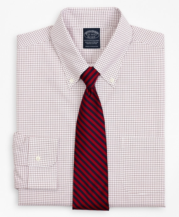 Stretch Big & Tall Dress Shirt, Non-Iron Poplin Button-Down Collar Small Grid Check - Brooks Brothers Outlet