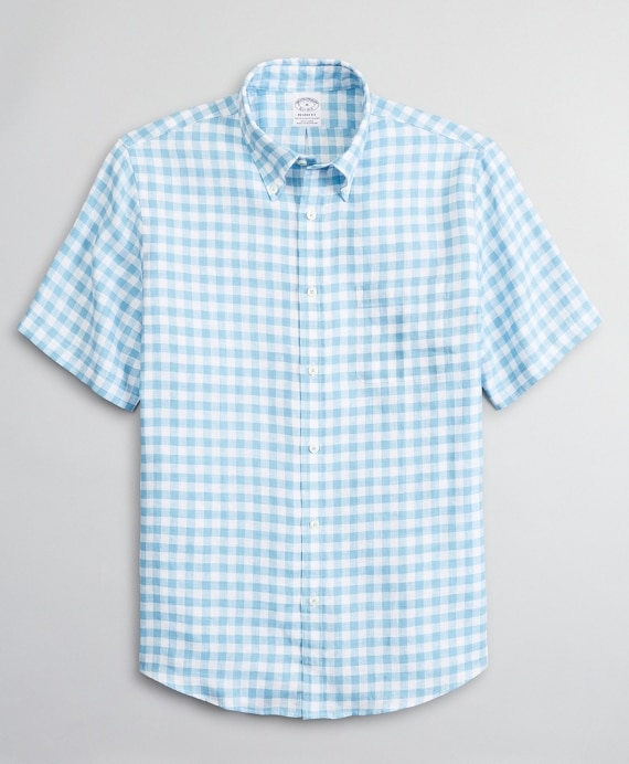 Regent Fitted Sport Shirt, Irish Linen Short-Sleeve Gingham - Brooks Brothers Outlet