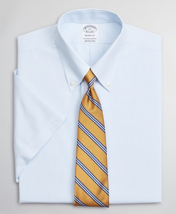 Stretch Regent Fitted Dress Shirt, Non-Iron Poplin Short-Sleeve Fine Stripe - Brooks Brothers Factory Outlet