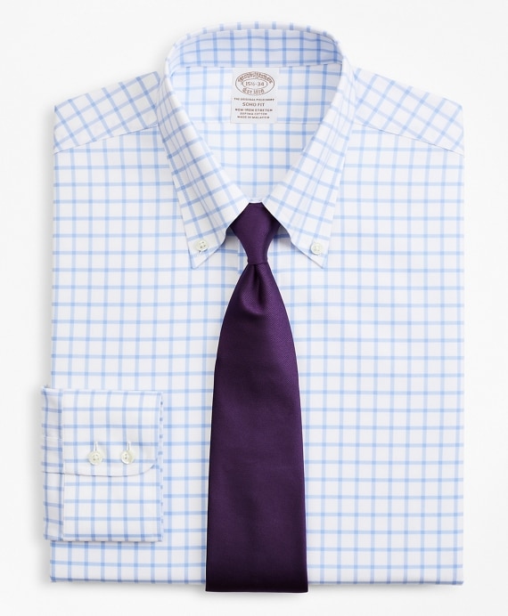 Stretch Soho Extra-Slim-Fit Dress Shirt, Non-Iron Twill Button-Down Collar Grid Check - Brooks Brothers Factory Outlet