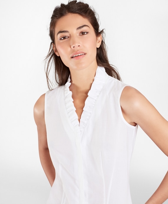 Non-Iron Supima&reg; Cotton Dobby Ruffle-Collar Sleeveless Blouse - Brooks Brothers Outlet