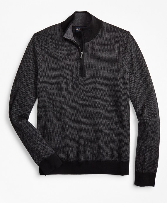 Washable Merino Wool Herringbone Half-Zip - Brooks Brothers Outlet