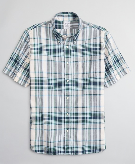 Regent Fitted Sport Shirt, Pink Madras Short-Sleeve - Brooks Brothers Outlet