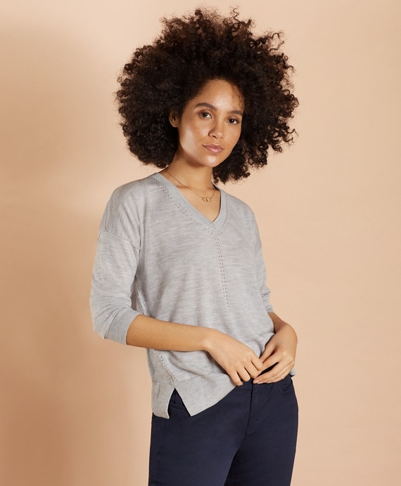 Merino Wool Pointelle-Detail V-Neck Sweater - Brooks Brothers Outlet