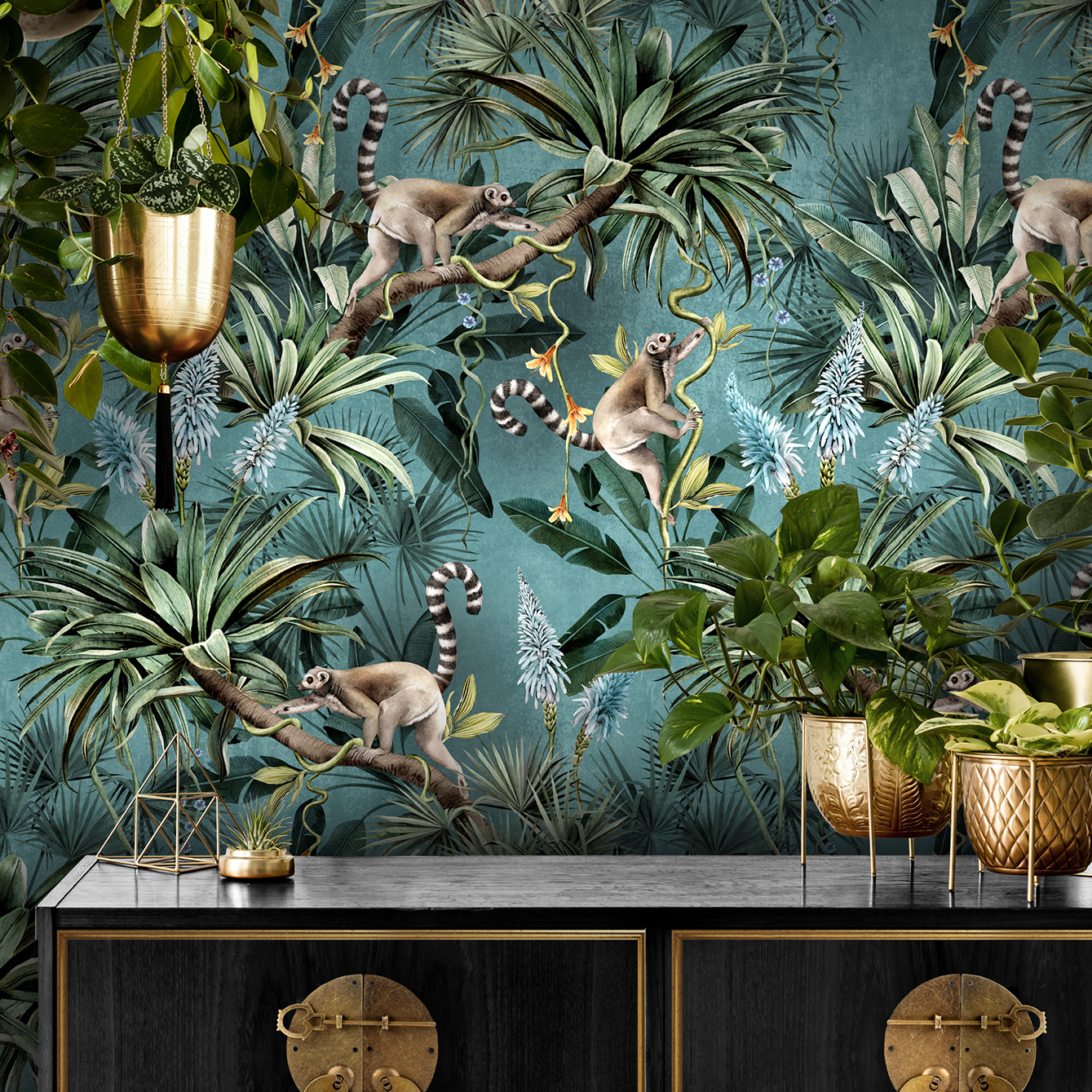 Leaping Lemurs Teal Wallpaper