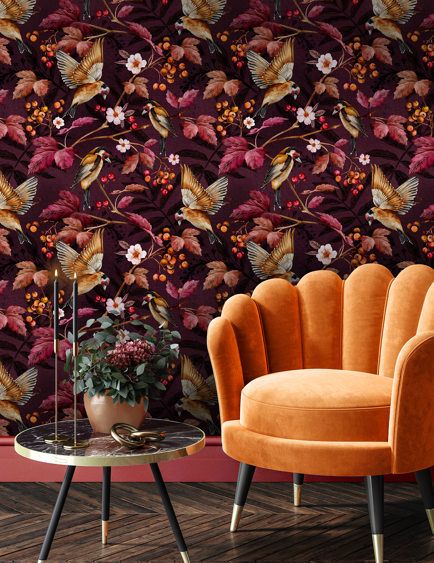 Goldfinches Aubergine Wallpaper