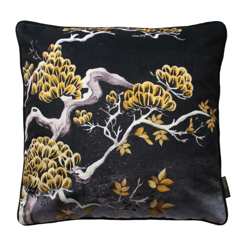 Midnight Orient Tree Piped Velvet Cushion Cover