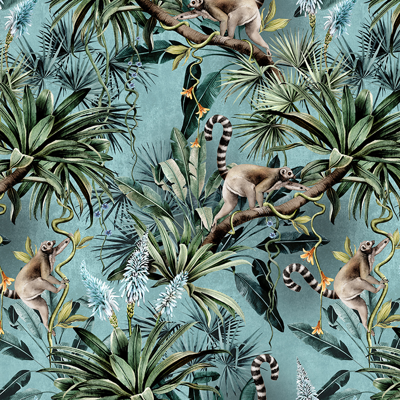 Leaping Lemurs Teal Wallpaper