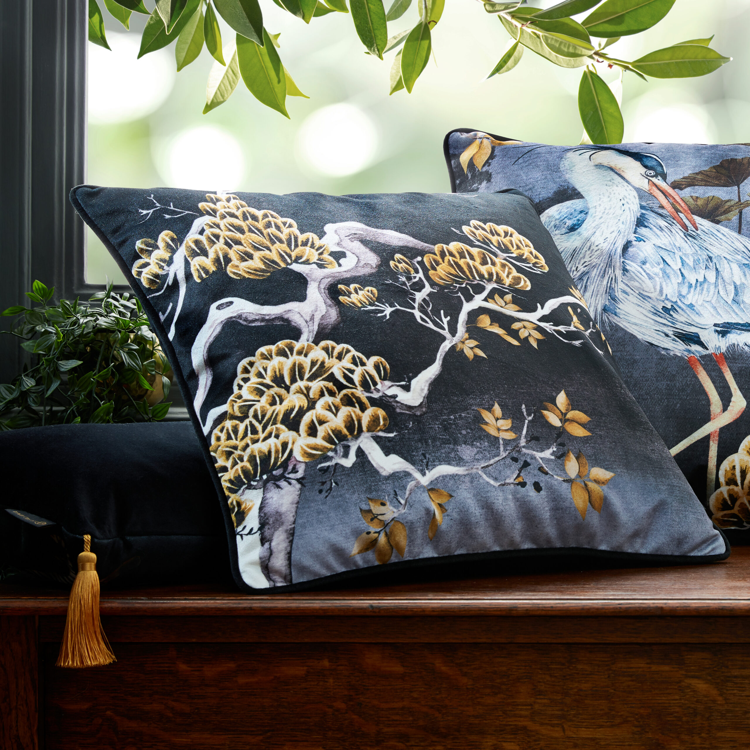 Midnight Orient Tree Piped Velvet Cushion Cover