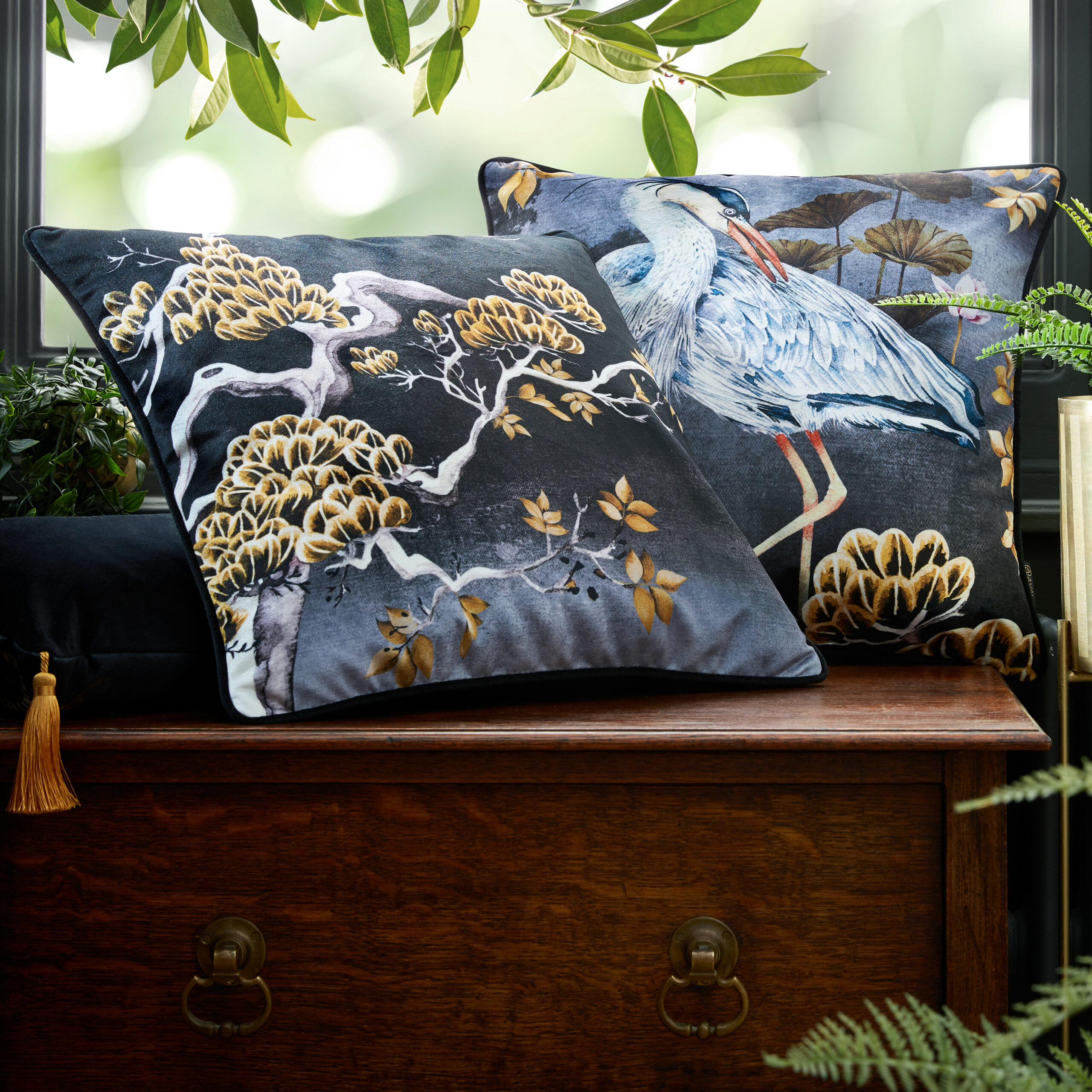 Midnight Orient Piped Velvet Cushion Cover