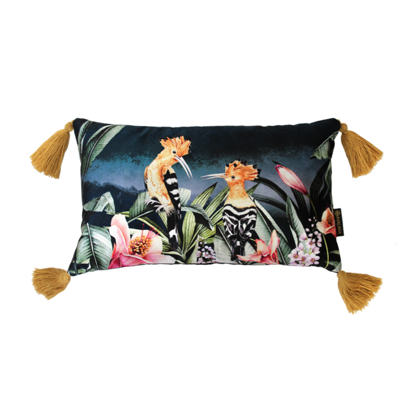 Courting Hoopoes Tassel Velvet Cushion Cover